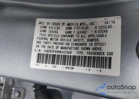 2017 Honda Accord Ex-L z USA, uszkodzony, nr VIN 1HGCR2F8XHA002566